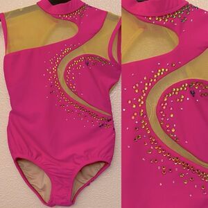 LA dance custom Solo neon pink yellow mesh cutout leotard bedazzled bling XSA